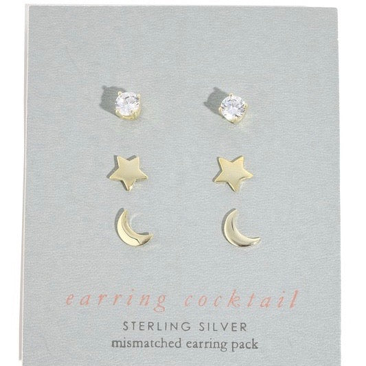 Gold Star and Moon Stud Earring Set